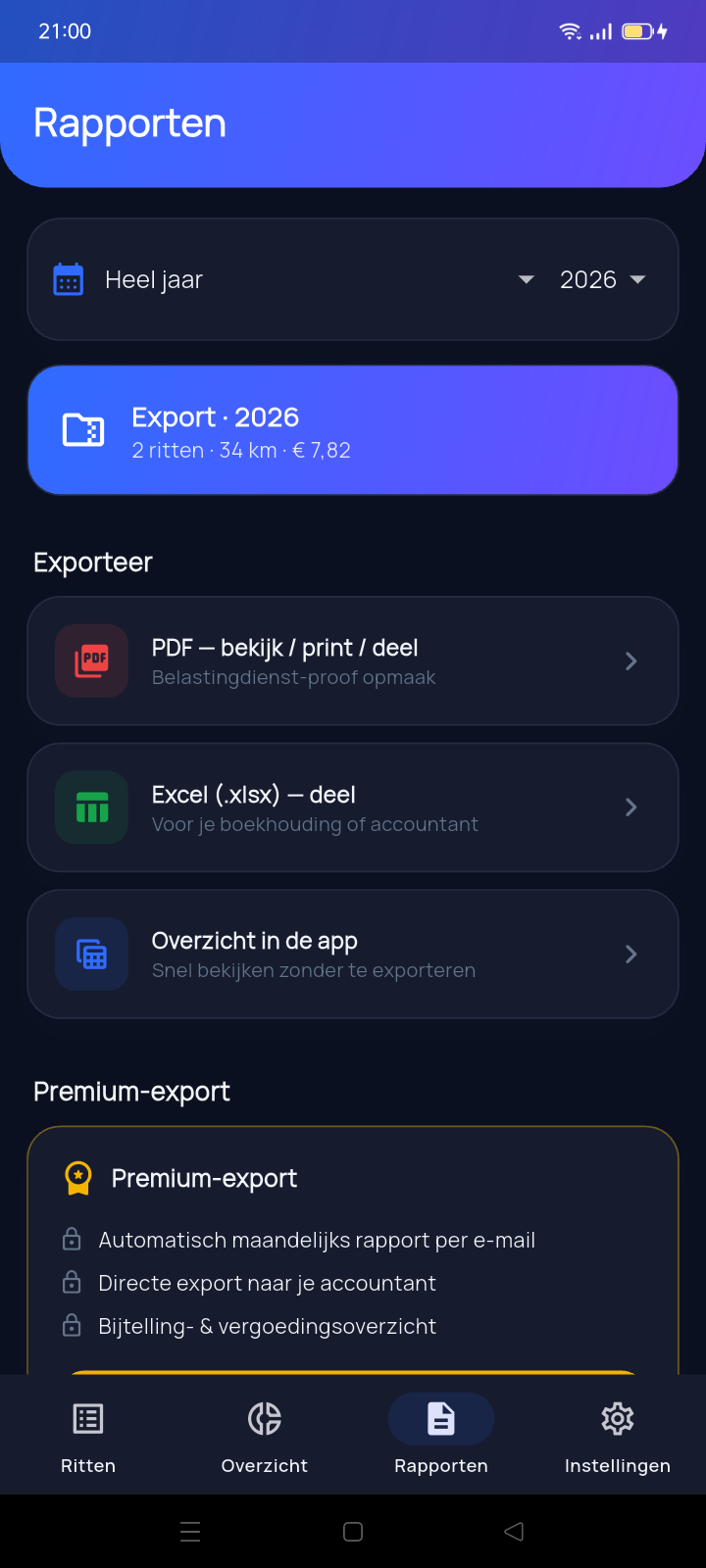 Rapporten: PDF en Excel export
